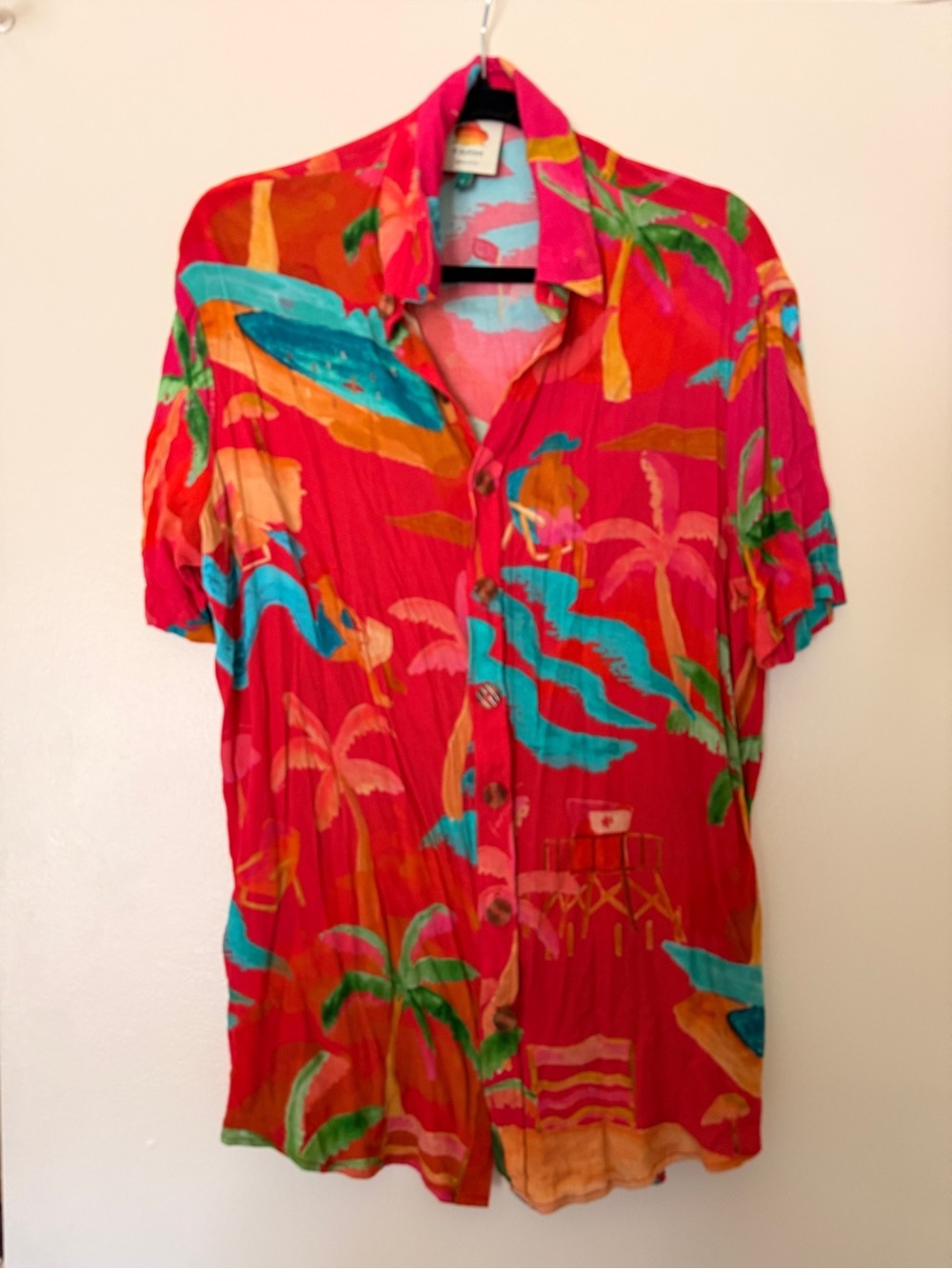 FARM Rio Unisex Pink Tropical Button-Down Shirt with Teal & Orange Accents